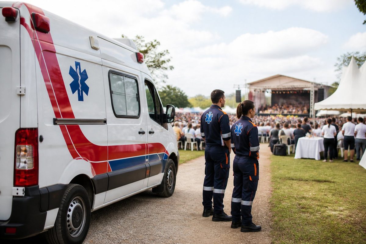 Ambulância estacionada em um evento religioso ao ar livre, com profissionais de atendimento próximos e participantes ao fundo.