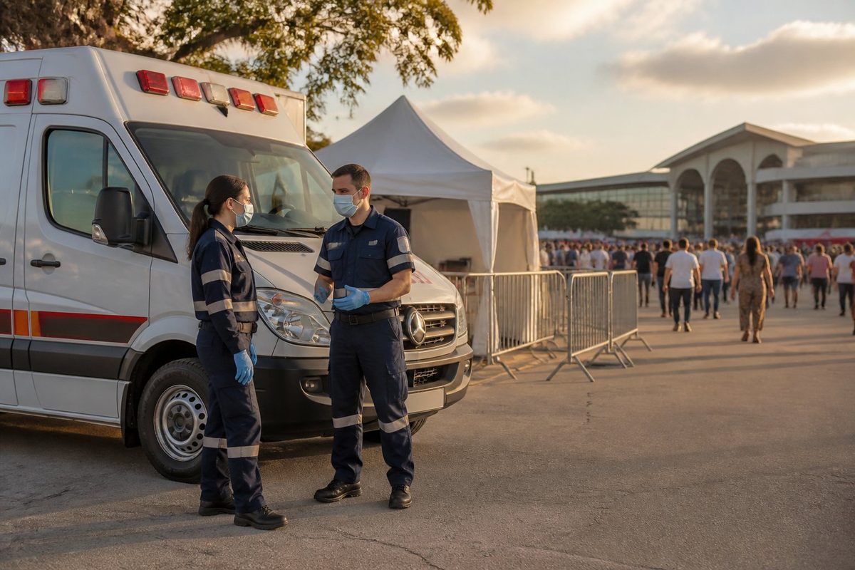 Ambulância estacionada próxima a um evento religioso, com profissionais de atendimento médico ao lado.