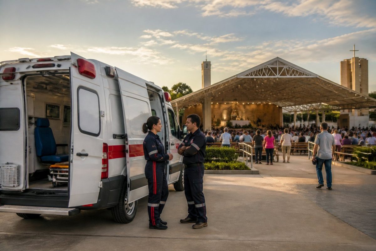 Ambulância estacionada ao lado de uma celebração religiosa ao ar livre, com profissionais de emergência e participantes ao fundo.