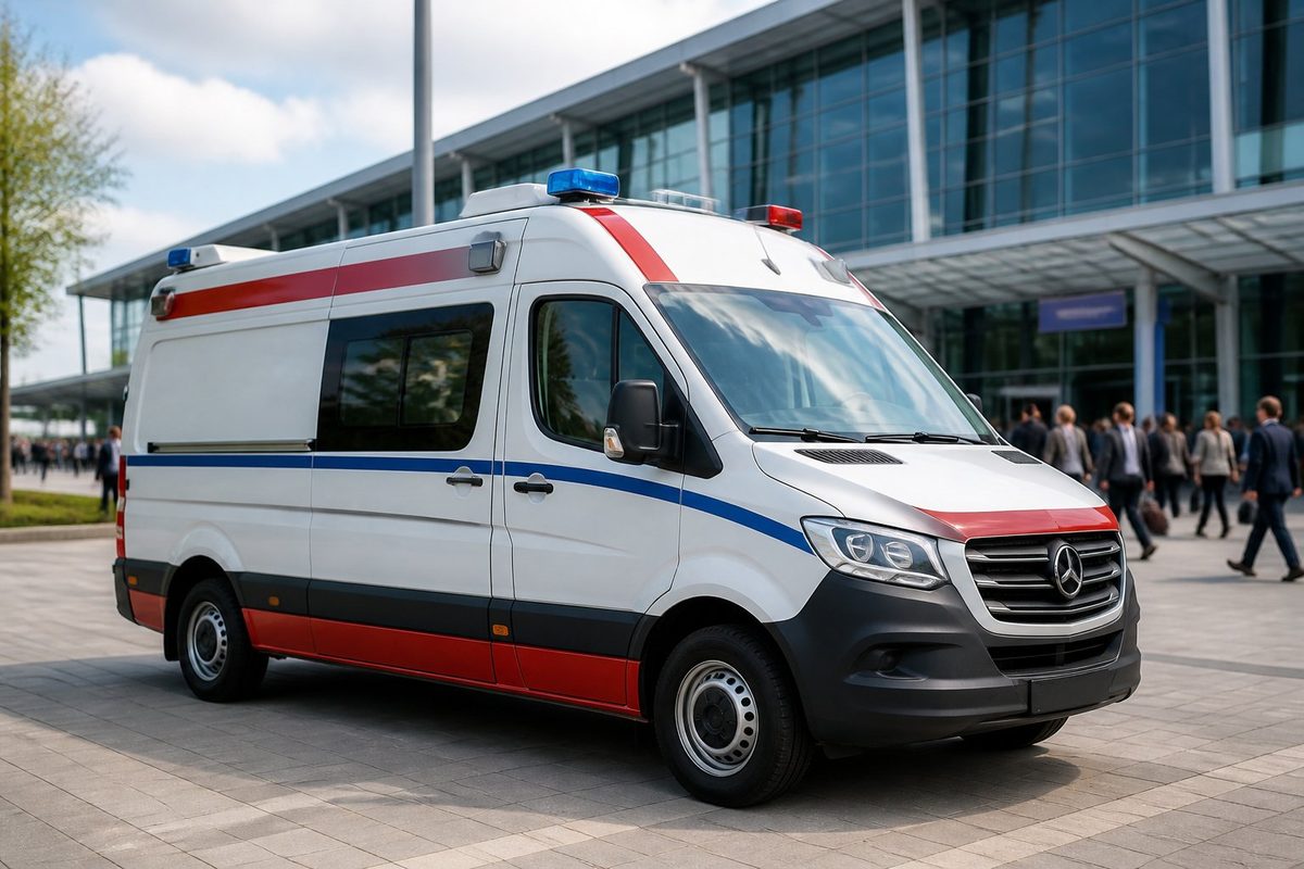 Ambulância moderna estacionada em frente a um centro de convenções durante um evento.