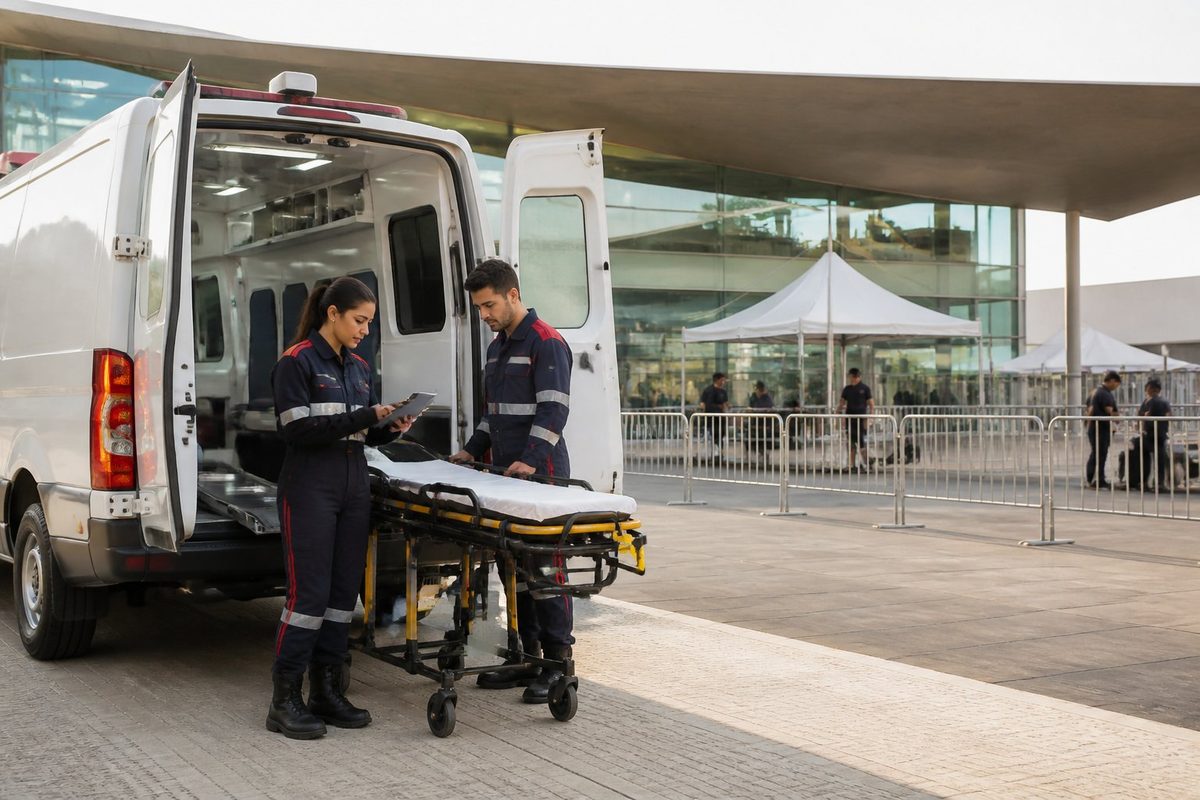 Profissionais de emergência conferem uma ambulância equipada antes da abertura de um evento em um centro de convenções.