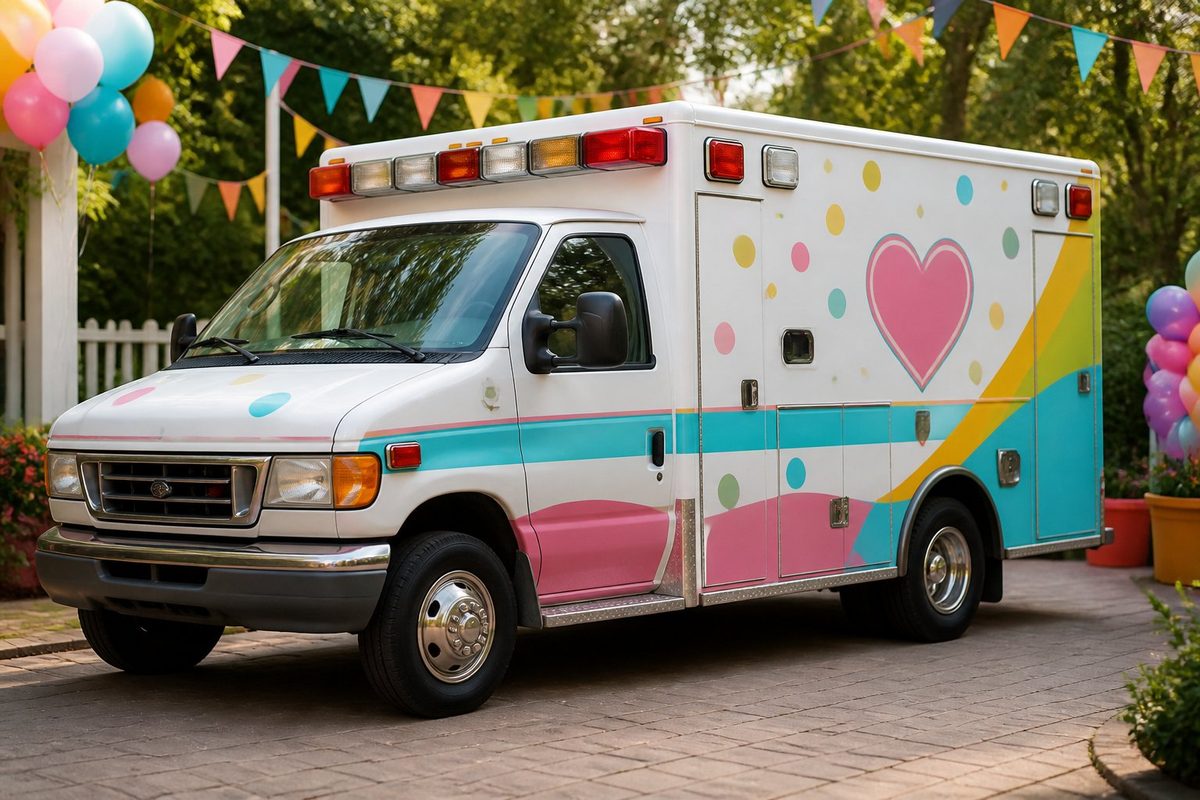 Ambulância colorida e decorada para uma festa infantil em um ambiente externo festivo. Ambulância colorida e decorada para uma festa infantil em um ambiente externo festivo.