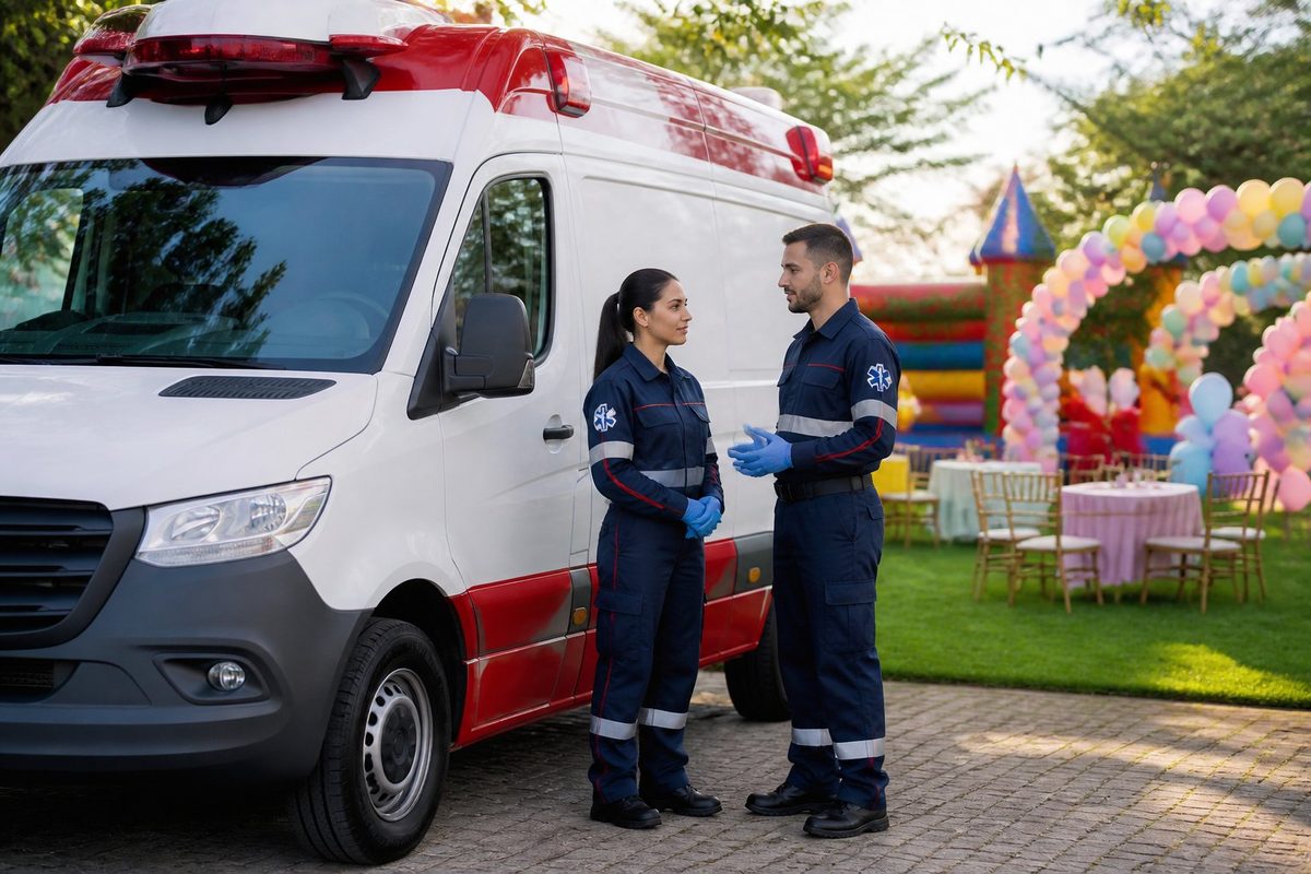 Ambulância acompanhada por profissionais de atendimento em uma festa infantil ao ar livre. Ambulância acompanhada por profissionais de atendimento em uma festa infantil ao ar livre.