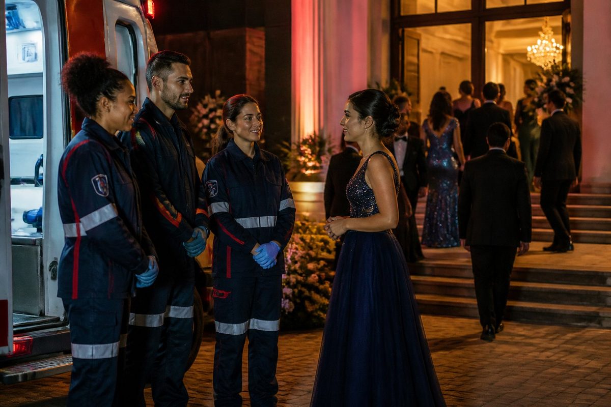 Equipe médica conversa com uma formanda ao lado de uma ambulância na entrada de um baile de formatura.