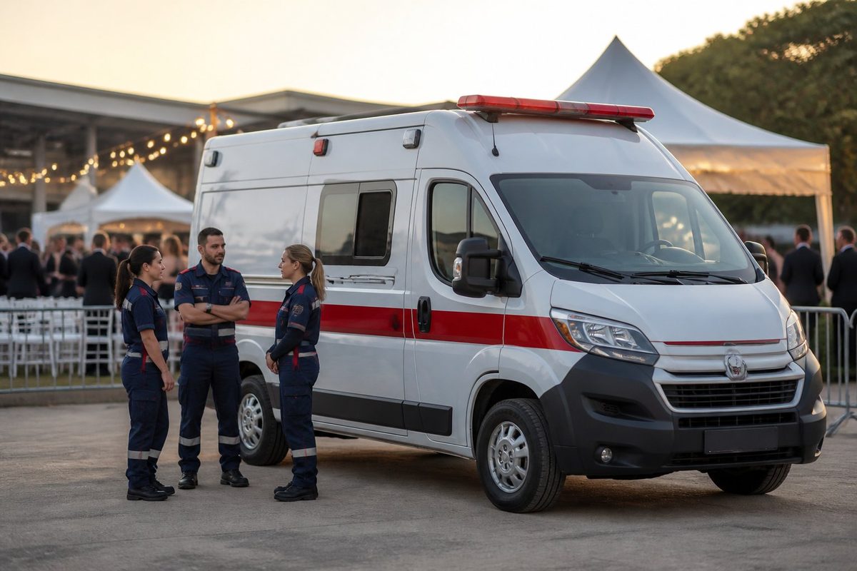 Ambulância estacionada ao lado de uma área organizada para uma cerimônia de formatura, com profissionais de emergência próximos.