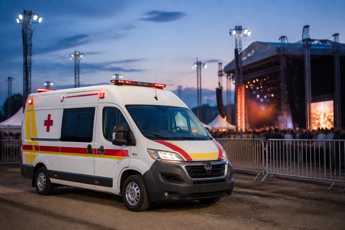 Ambulância estacionada ao lado da área de um show, com estruturas do evento e público ao fundo.