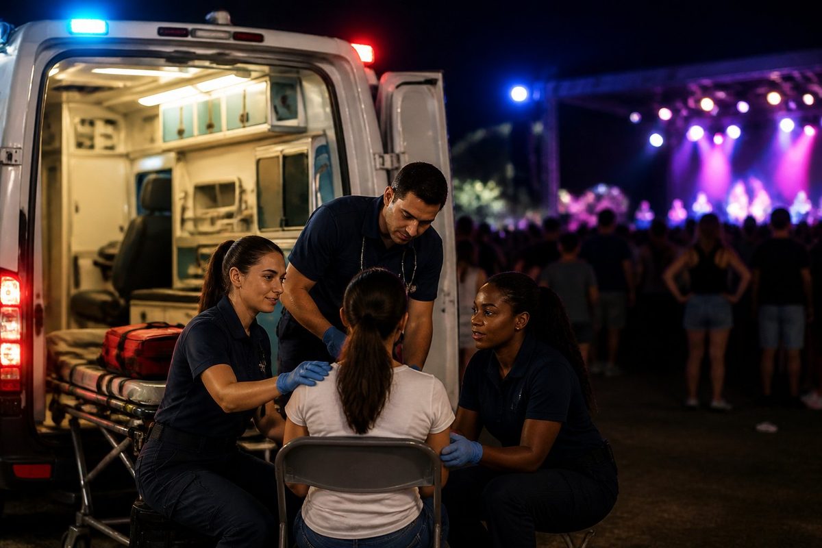 Equipe médica atende uma pessoa ao lado de uma ambulância durante um show.