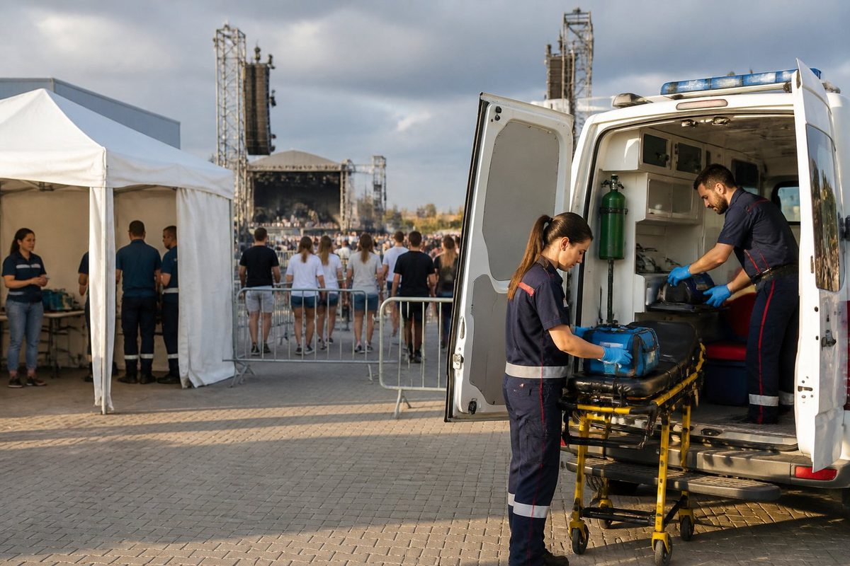 Ambulância e equipe de emergência organizadas ao lado da área médica de um show ao ar livre.