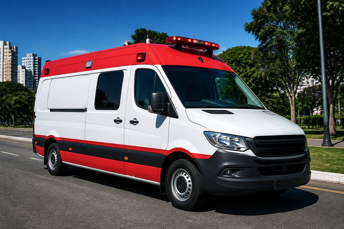 Ambulância branca e vermelha estacionada ao ar livre em um dia ensolarado, com árvores e uma rua ao fundo.