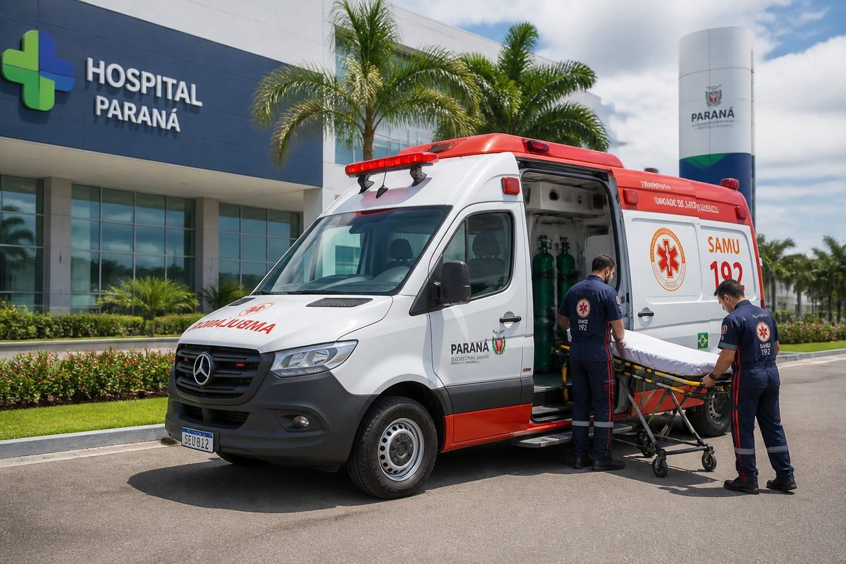 Ambulância moderna estacionada em frente a um hospital com profissionais de saúde próximos, em ambiente urbano com áreas verdes.