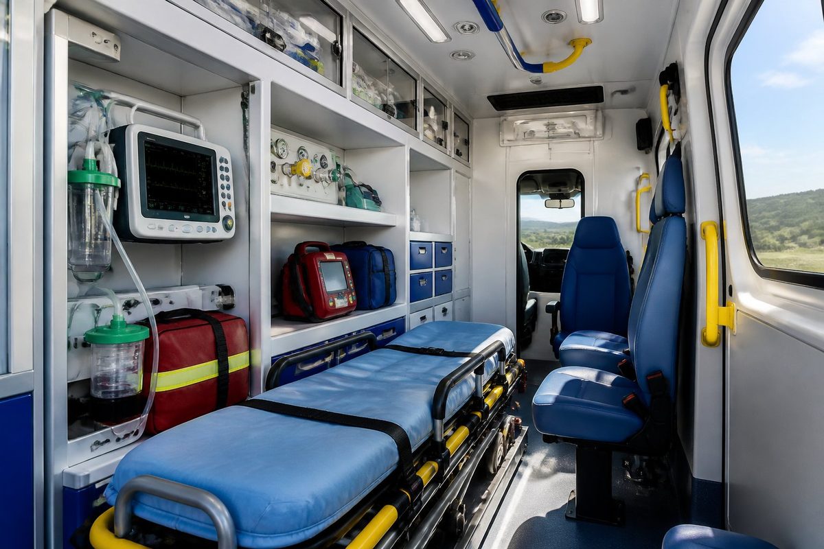 Interior de uma ambulância moderna mostrando equipamentos médicos avançados e organizados, prontos para atendimento de emergência.