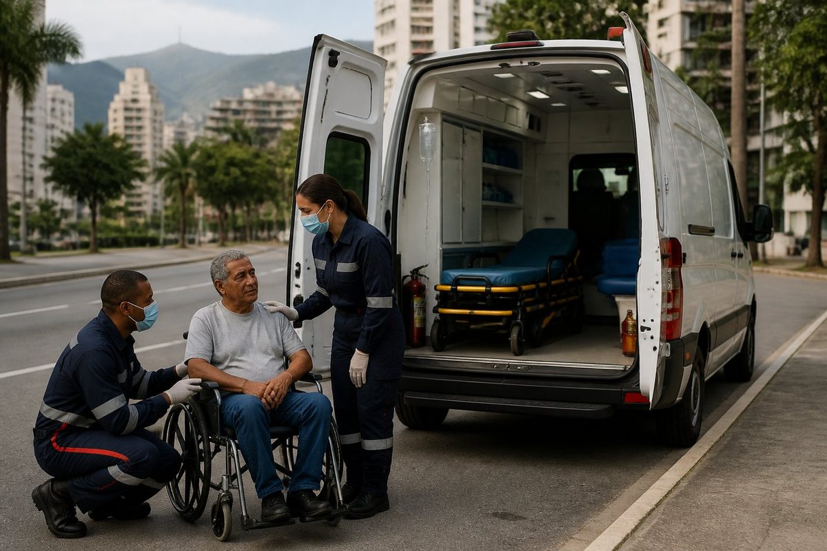 Profissionais de saúde atendem um paciente em cadeira de rodas ao lado de uma ambulância particular em Belo Horizonte