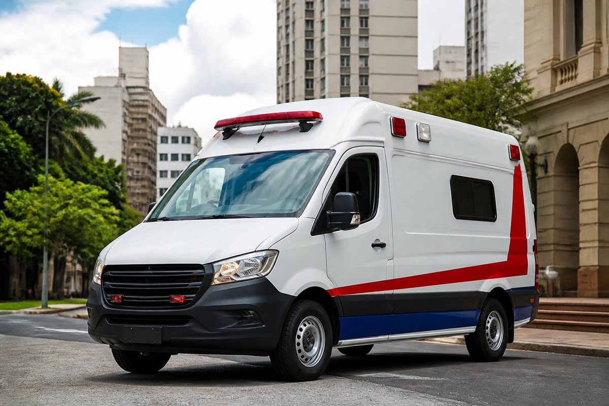 Ambulância particular estacionada em uma rua urbana de Belo Horizonte durante o dia