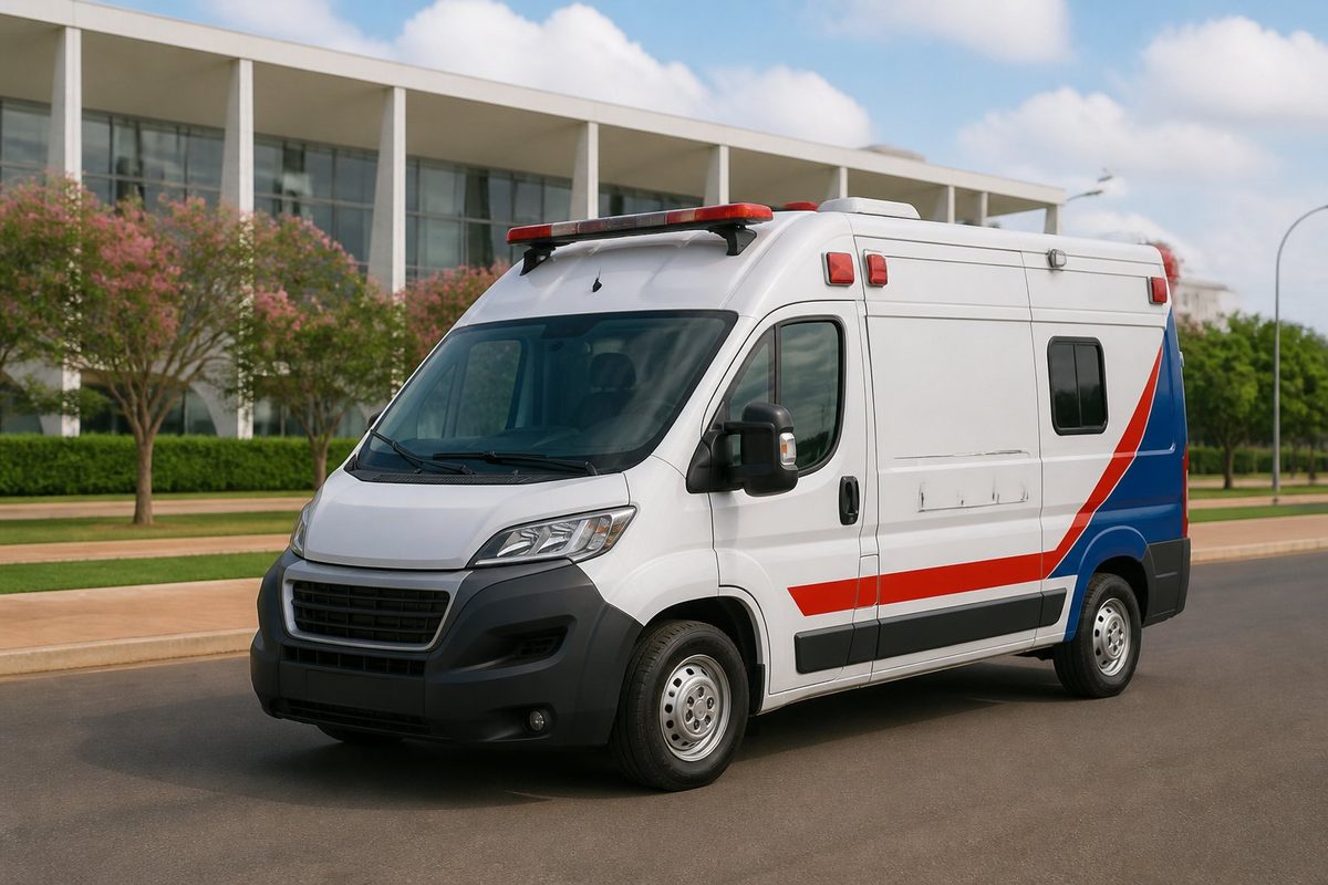 Ambulância particular branca estacionada em uma avenida de Brasília durante o dia