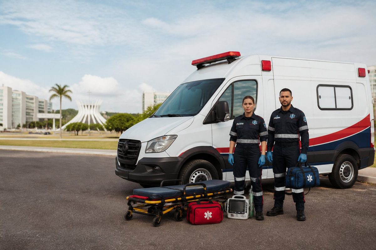 Ambulância particular moderna com dois profissionais de atendimento ao lado, em área urbana de Brasília