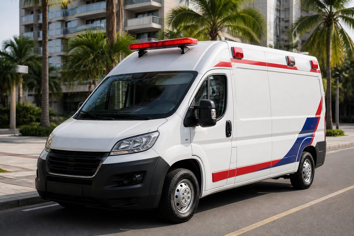 Ambulância particular branca estacionada em uma avenida ensolarada de Fortaleza.