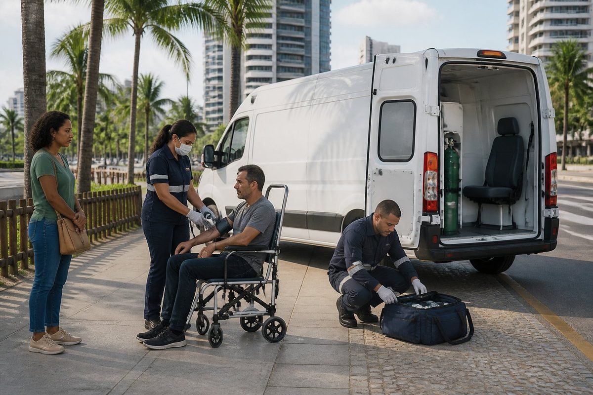 Equipe de ambulância particular avalia calmamente um paciente em uma rua de Fortaleza.