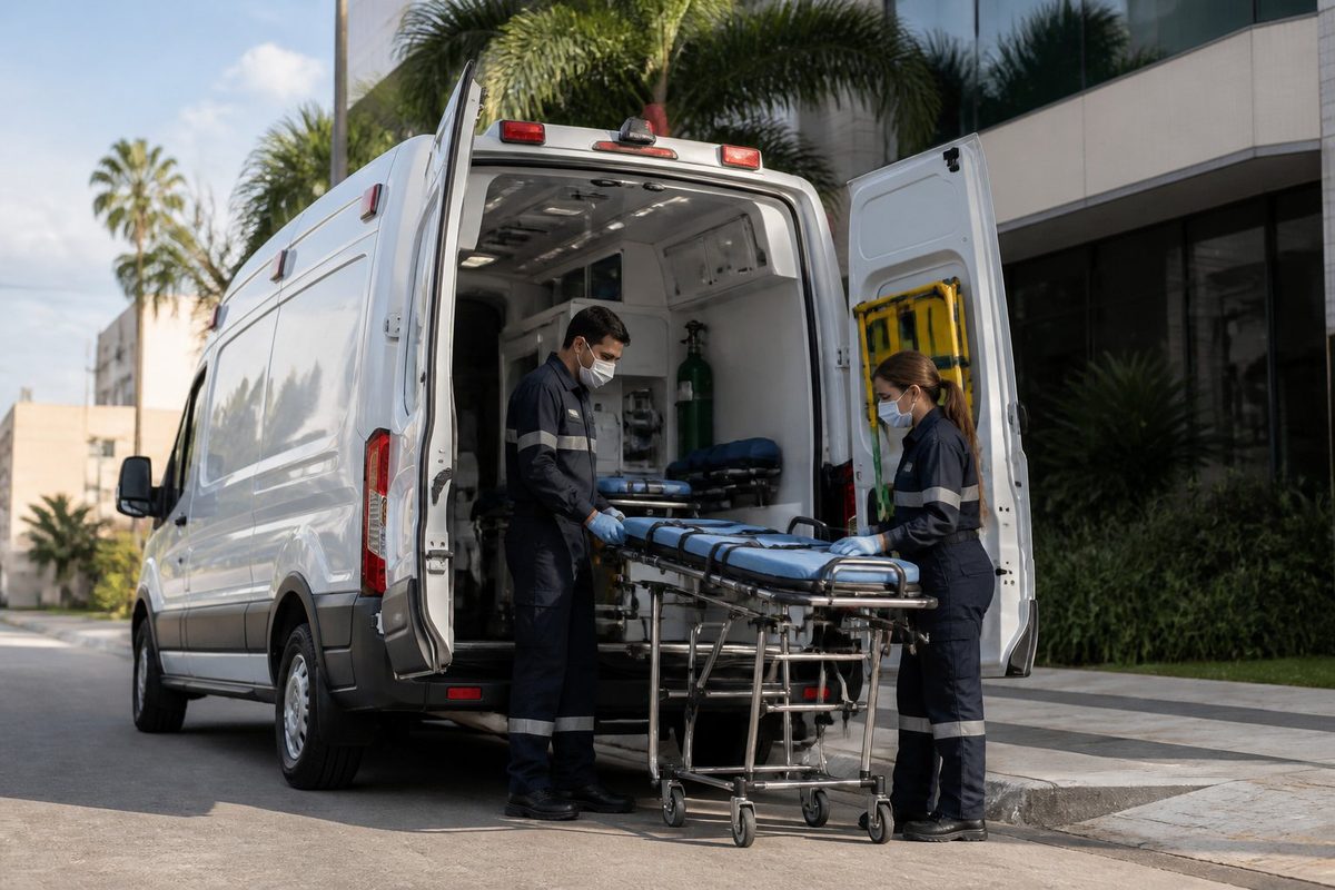 Ambulância particular moderna com profissionais de saúde e uma maca em uma rua urbana de Fortaleza.