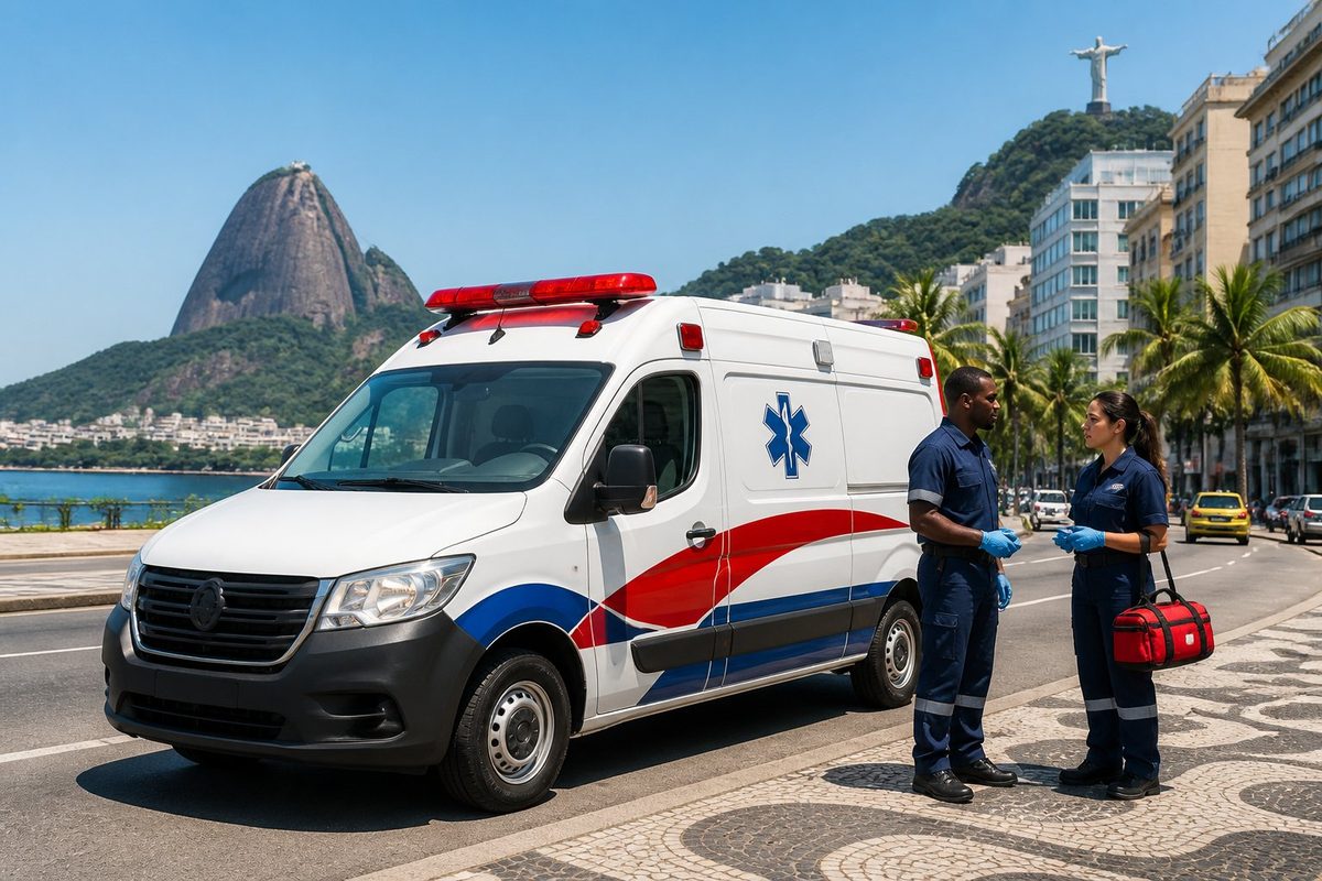 Equipe de ambulância particular no Rio de Janeiro durante atendimento a paciente