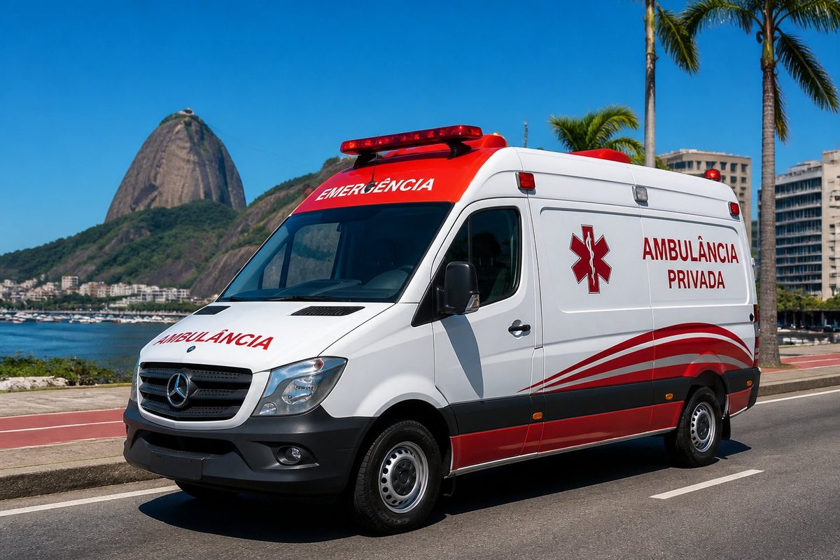 Ambulância particular estacionada em uma rua do Rio de Janeiro com o Pão de Açúcar ao fundo