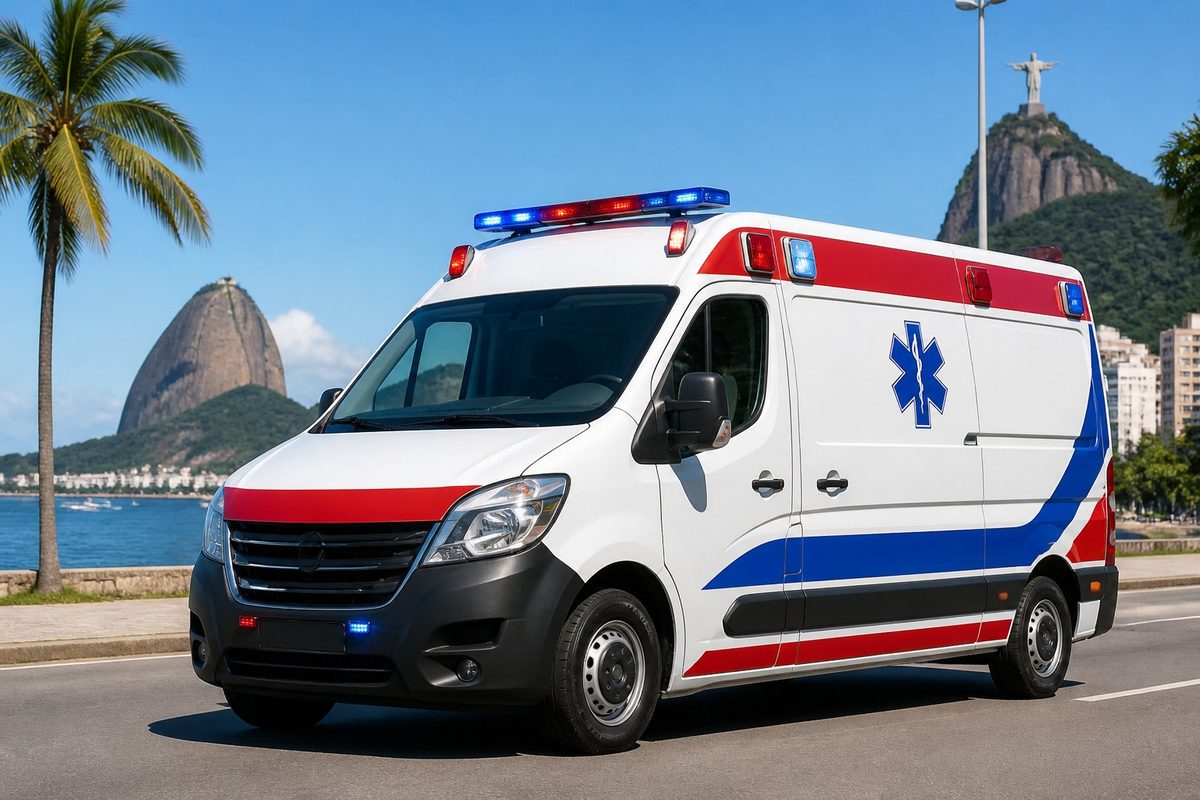 Ambulância particular branca de UTI móvel estacionada em rua ensolarada no Rio de Janeiro