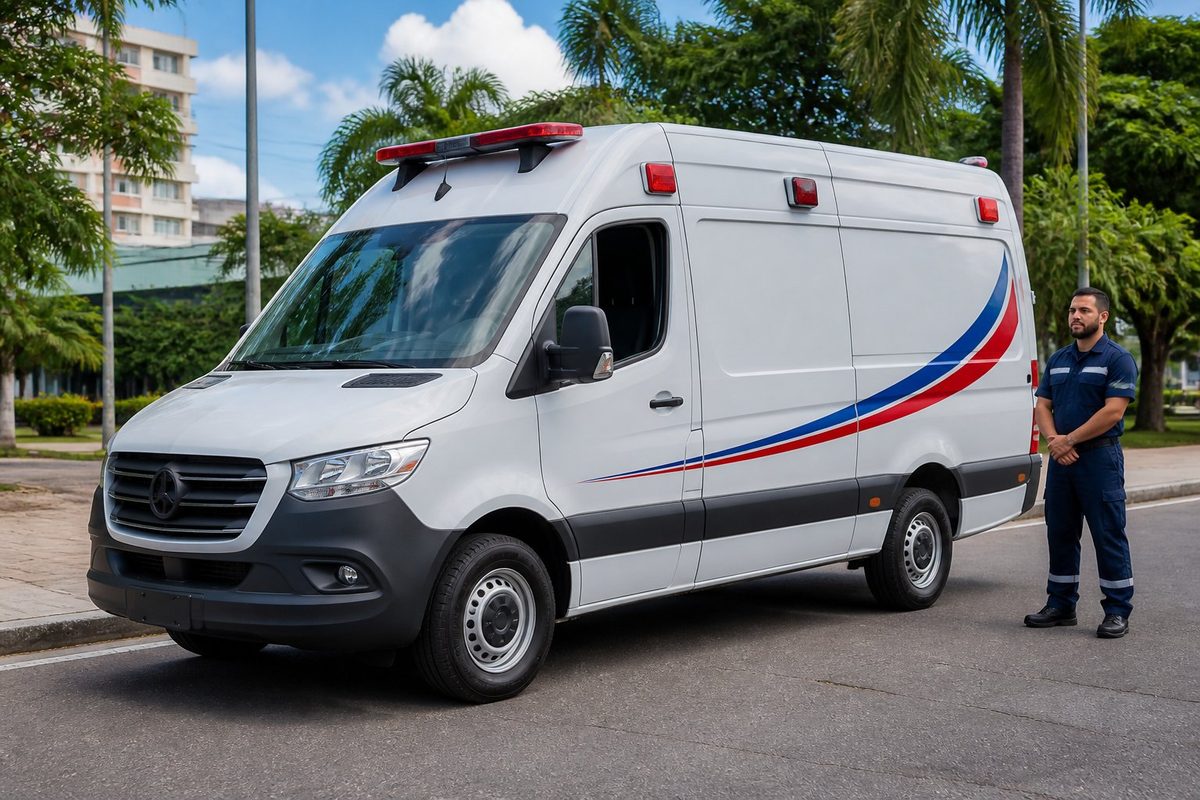 Ambulância particular moderna estacionada em uma avenida urbana de Salvador com profissional ao lado Ambulância particular moderna estacionada em uma avenida urbana de Salvador com profissional ao lado