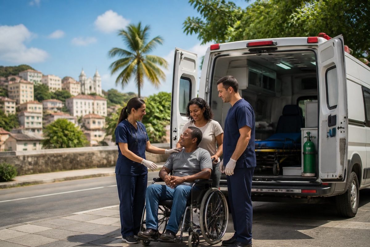Equipe de socorristas acompanha um paciente em cadeira de rodas ao lado de uma ambulância particular em Salvador Equipe de socorristas acompanha um paciente em cadeira de rodas ao lado de uma ambulância particular em Salvador