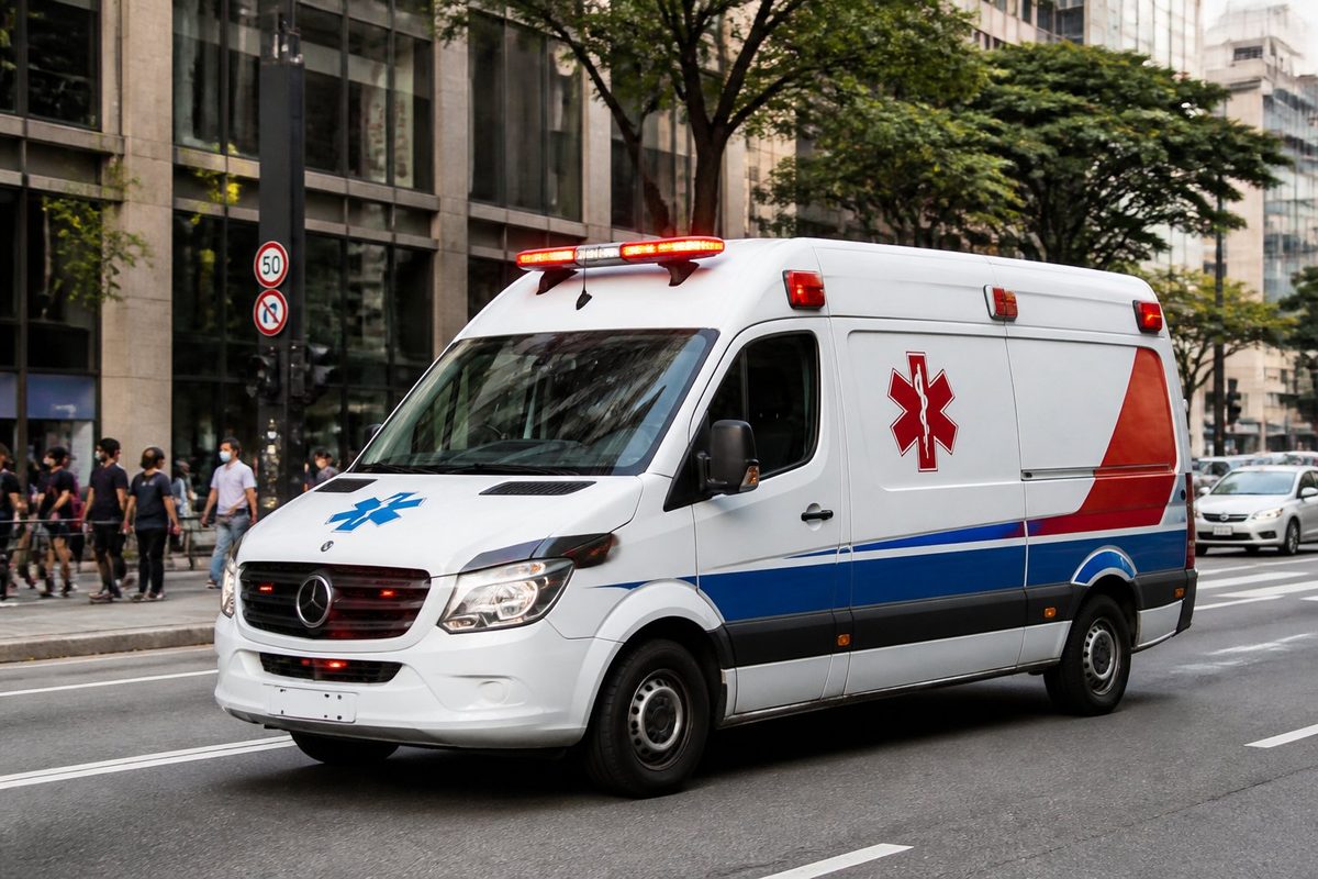 Ambulância particular branca com marcações de emergência estacionada em uma rua movimentada de São Paulo