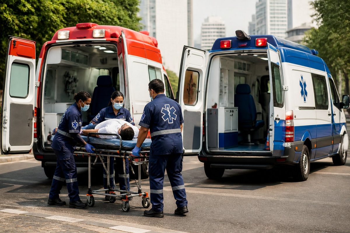 Ambulância do SAMU e ambulância particular estacionadas na rua com paramédicos atendendo um paciente em uma maca. Ambulância do SAMU e ambulância particular estacionadas na rua com paramédicos atendendo um paciente em uma maca.