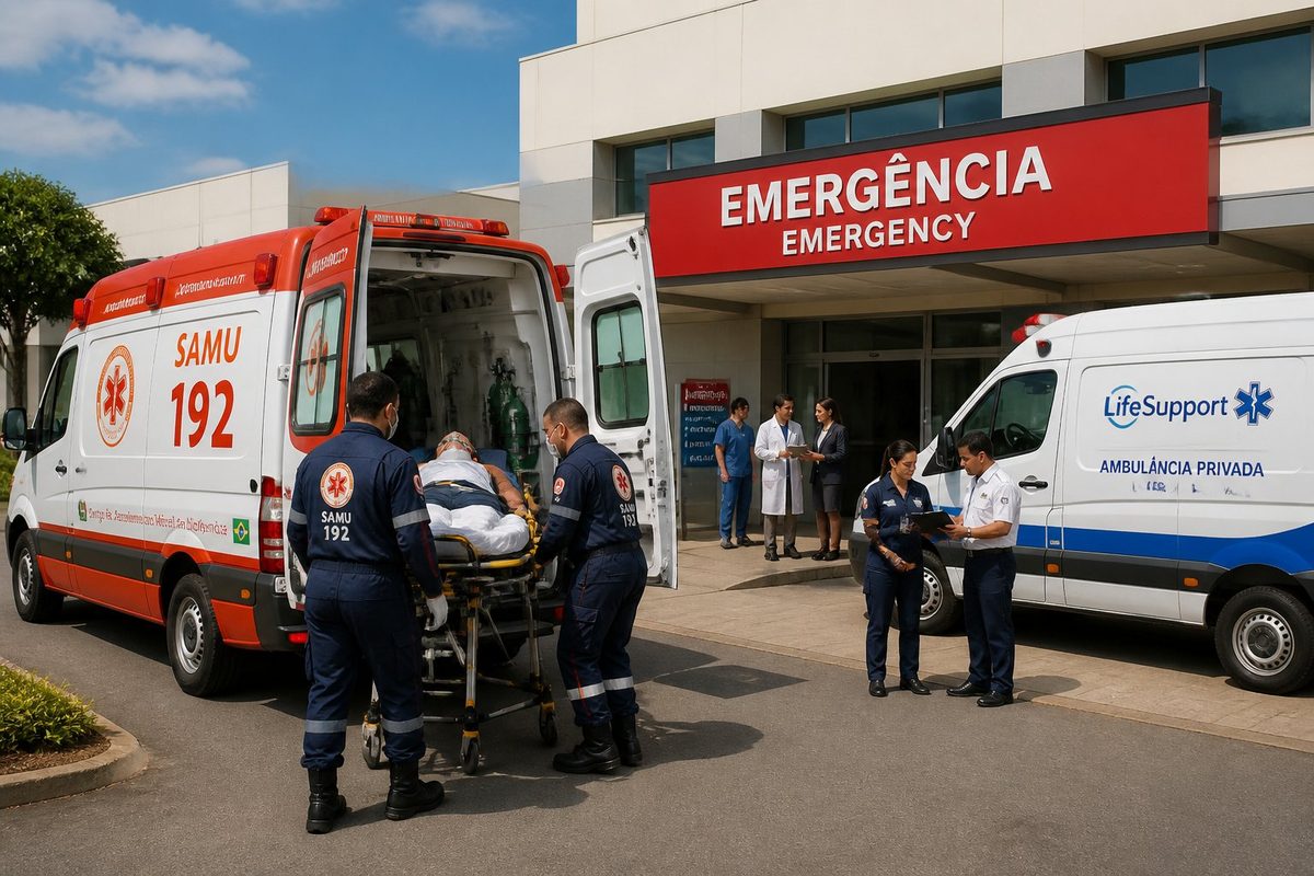 Equipe de paramédicos ajudando paciente em maca próximo a ambulâncias SAMU e particular na entrada de hospital. Equipe de paramédicos ajudando paciente em maca próximo a ambulâncias SAMU e particular na entrada de hospital.
