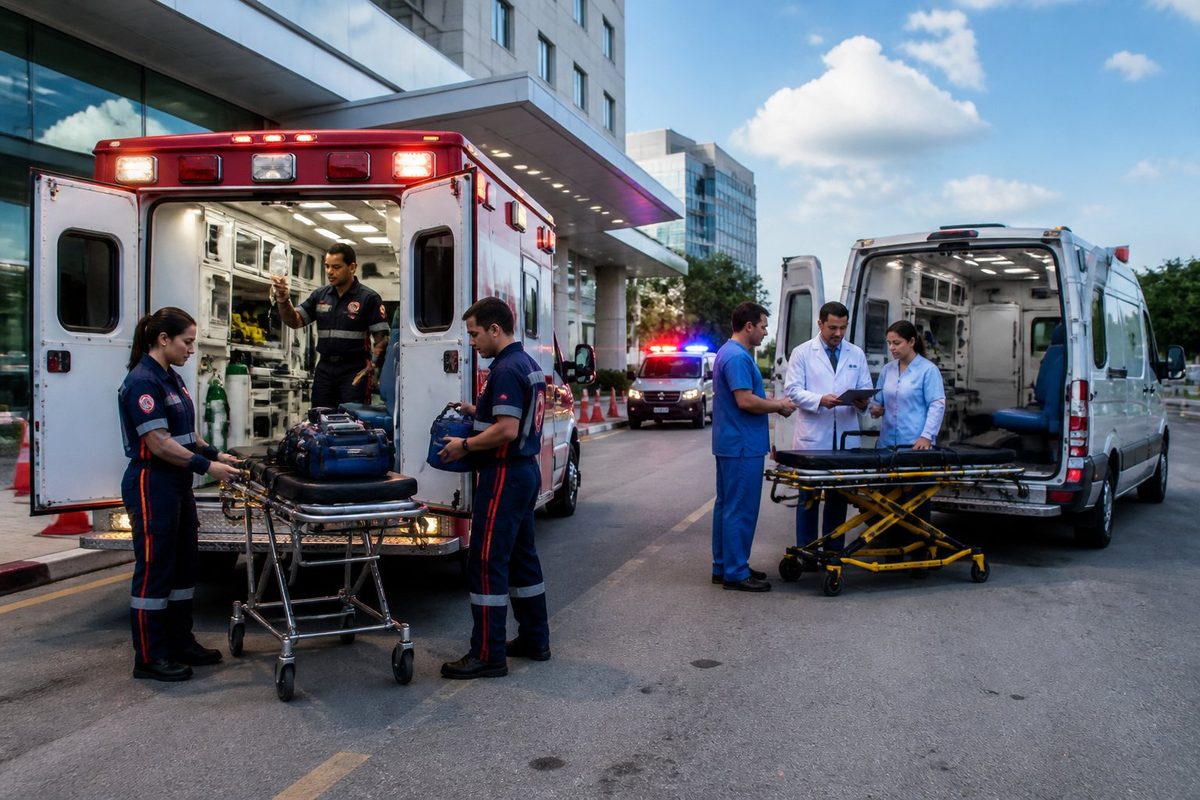 Ambulância do SAMU e ambulância particular estacionadas em frente ao hospital com paramédicos preparando equipamentos médicos. Ambulância do SAMU e ambulância particular estacionadas em frente ao hospital com paramédicos preparando equipamentos médicos.
