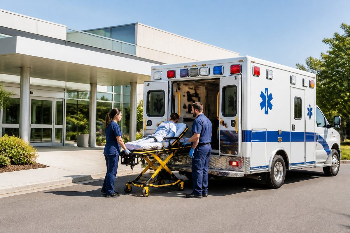 Ambulância psiquiátrica estacionada em frente a um hospital moderno com profissionais de saúde ao redor, durante o dia.