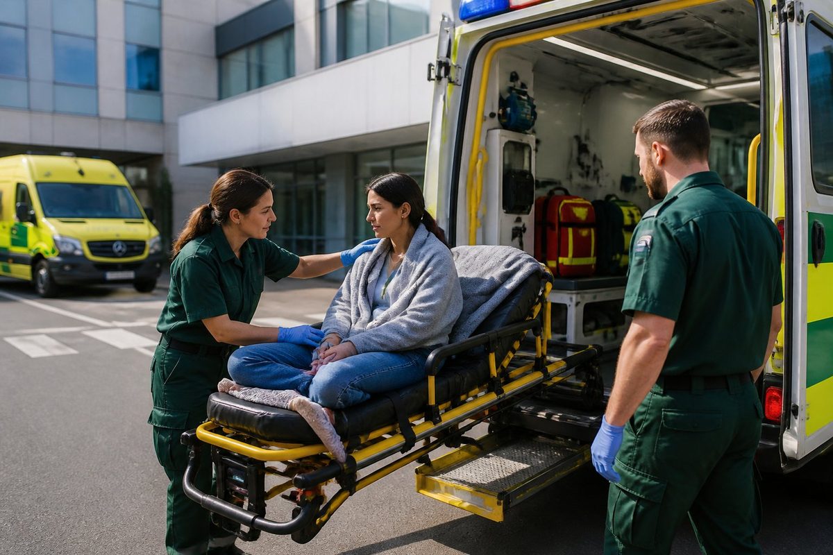 Ambulância psiquiátrica com profissionais de saúde auxiliando um paciente em frente a um hospital.