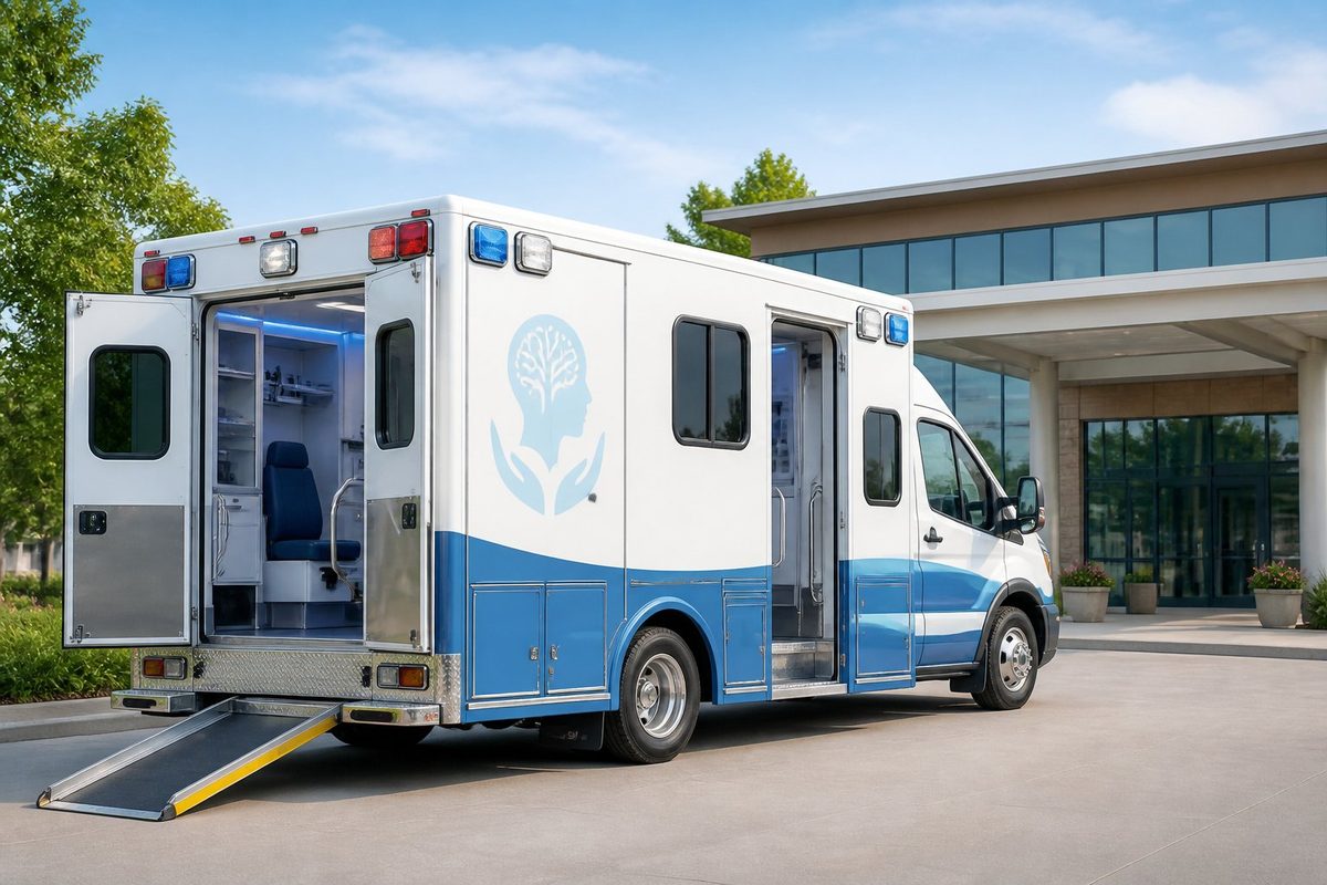 Ambulância psiquiátrica moderna estacionada em frente a uma unidade de saúde, com equipamentos especializados visíveis e ambiente externo limpo.