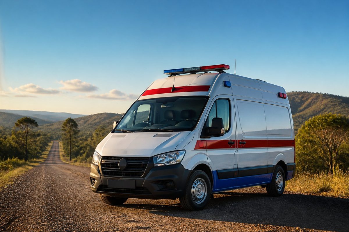 Ambulância estacionada em uma estrada rural cercada por uma paisagem isolada.