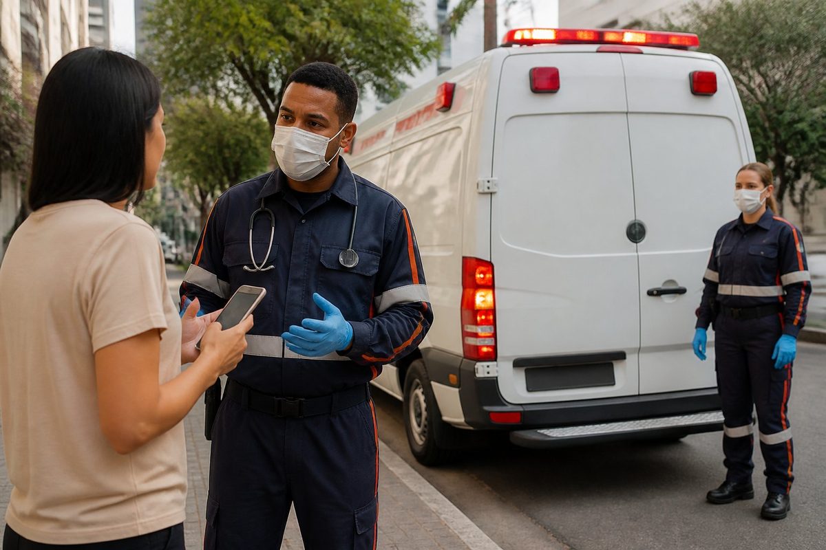 Profissionais de saúde atendem uma pessoa ao lado de uma ambulância acionada remotamente.