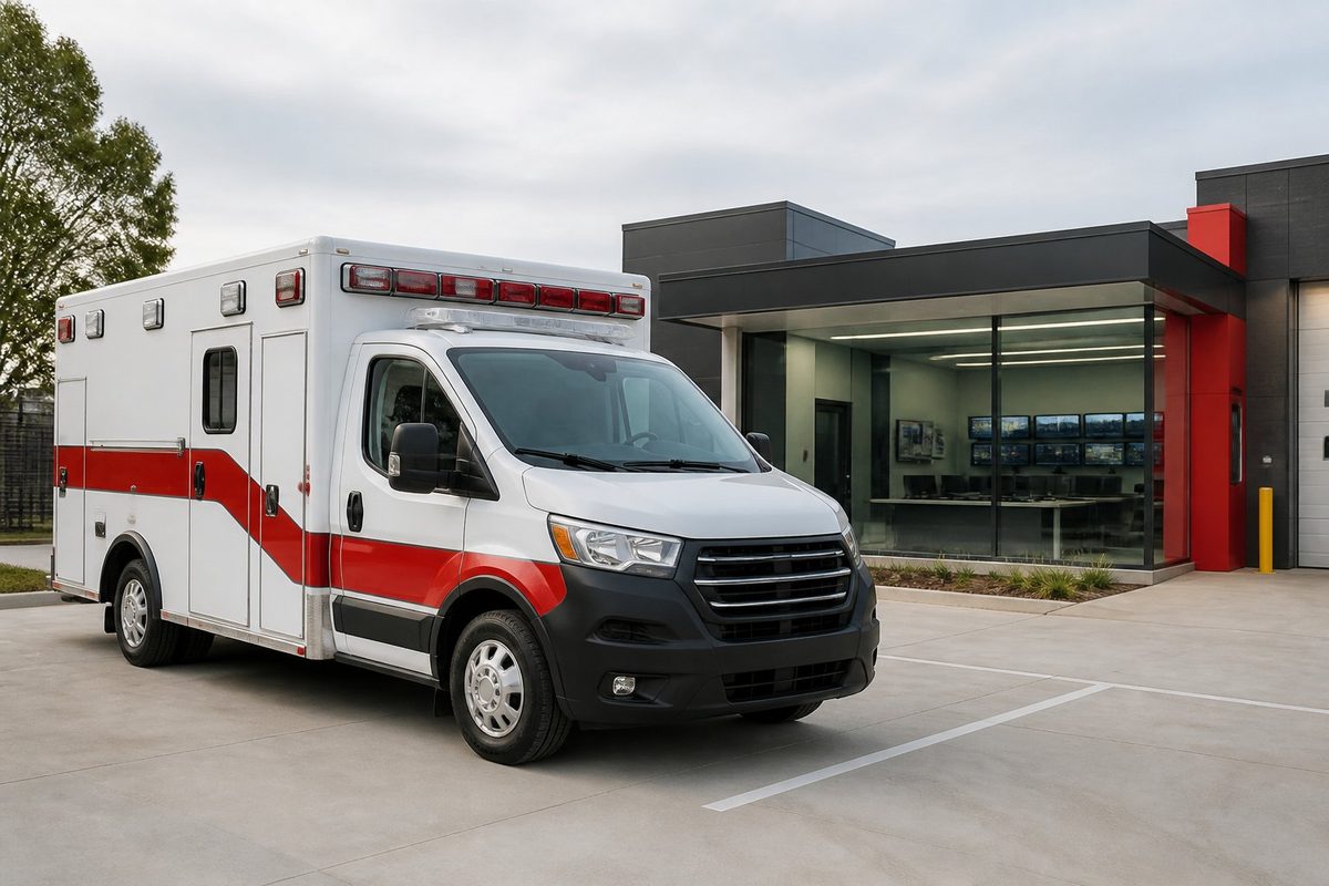 Ambulância moderna estacionada em uma base de atendimento durante o dia.