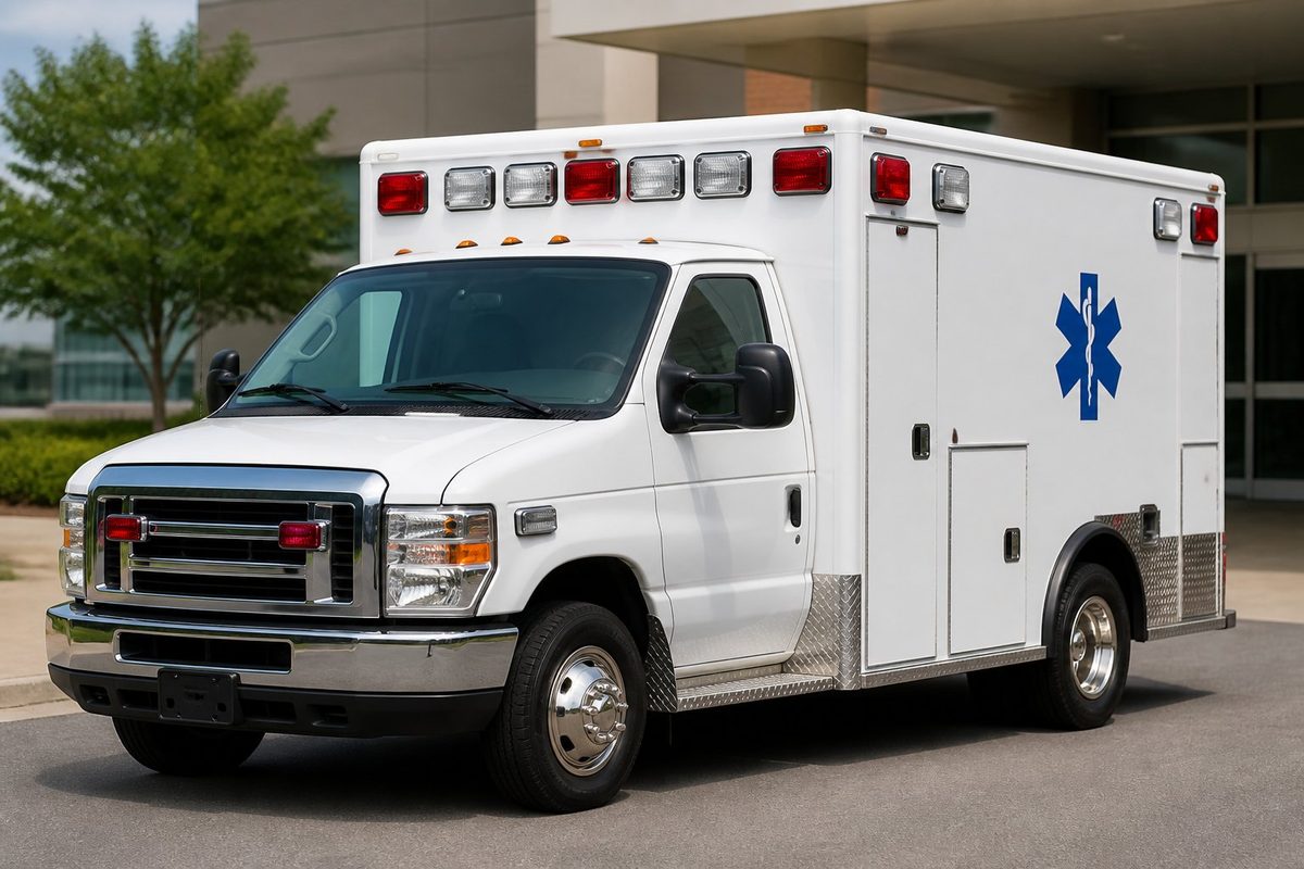 Ambulância tipo B estacionada em ambiente externo, mostrando detalhes estruturais e luzes de emergência.