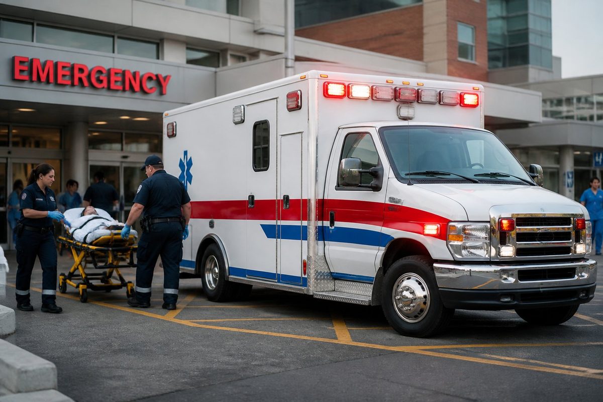 Uma ambulância tipo B estacionada em frente a um hospital com paramédicos ao redor, preparando equipamentos médicos.