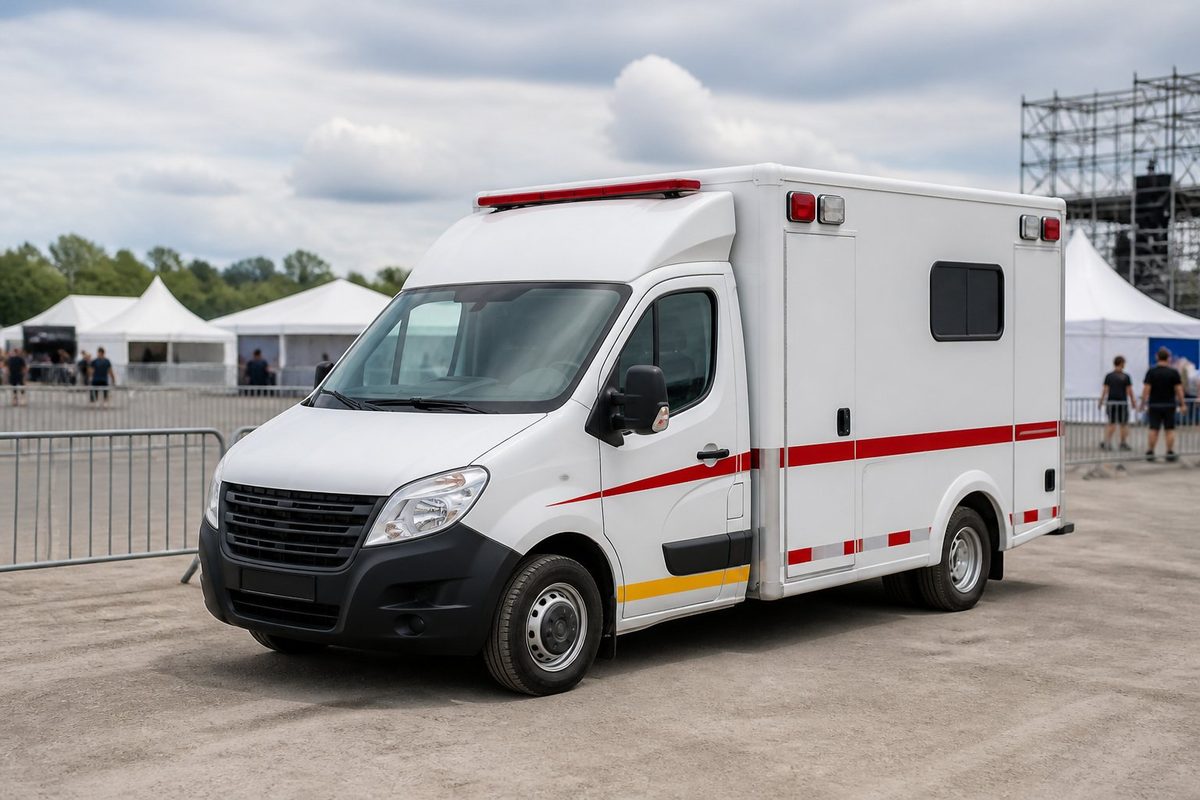 Ambulância branca estacionada em uma área externa preparada para um evento público.