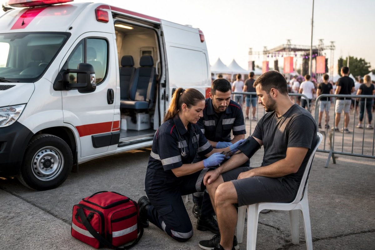 Equipe de saúde presta atendimento preventivo a um participante ao lado de uma ambulância em um evento.