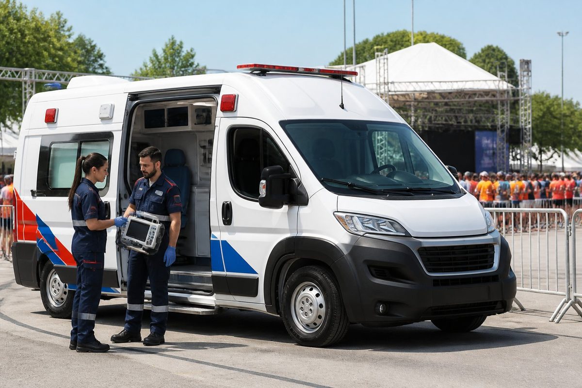 Ambulância tipo B estacionada em um evento, com profissionais de emergência verificando equipamentos.