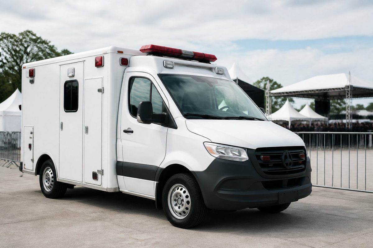 Ambulância branca estacionada em uma área de evento ao ar livre, com tendas e gradis ao fundo.