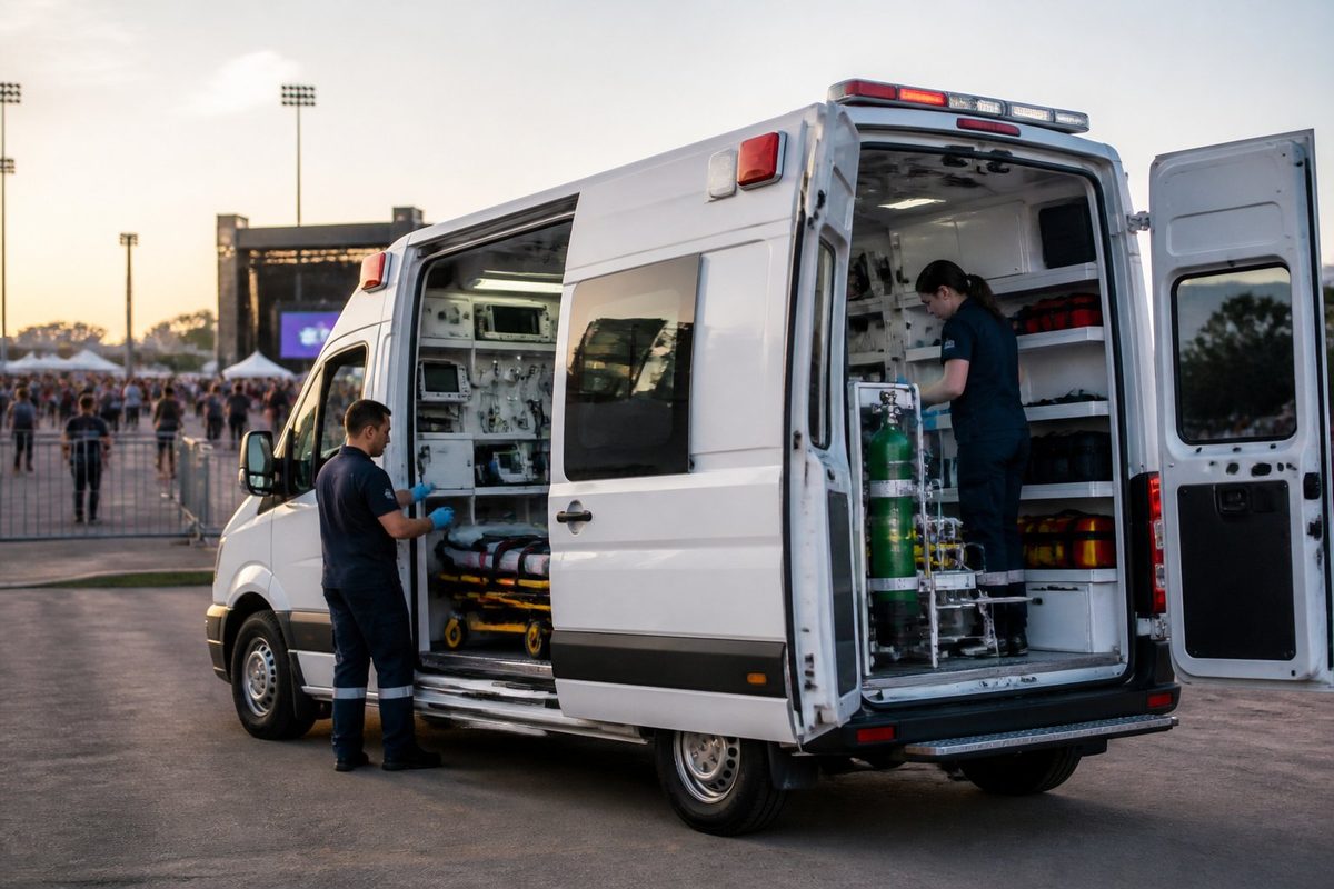 Ambulância avançada estacionada em um evento, com profissionais de emergência preparando equipamentos médicos.