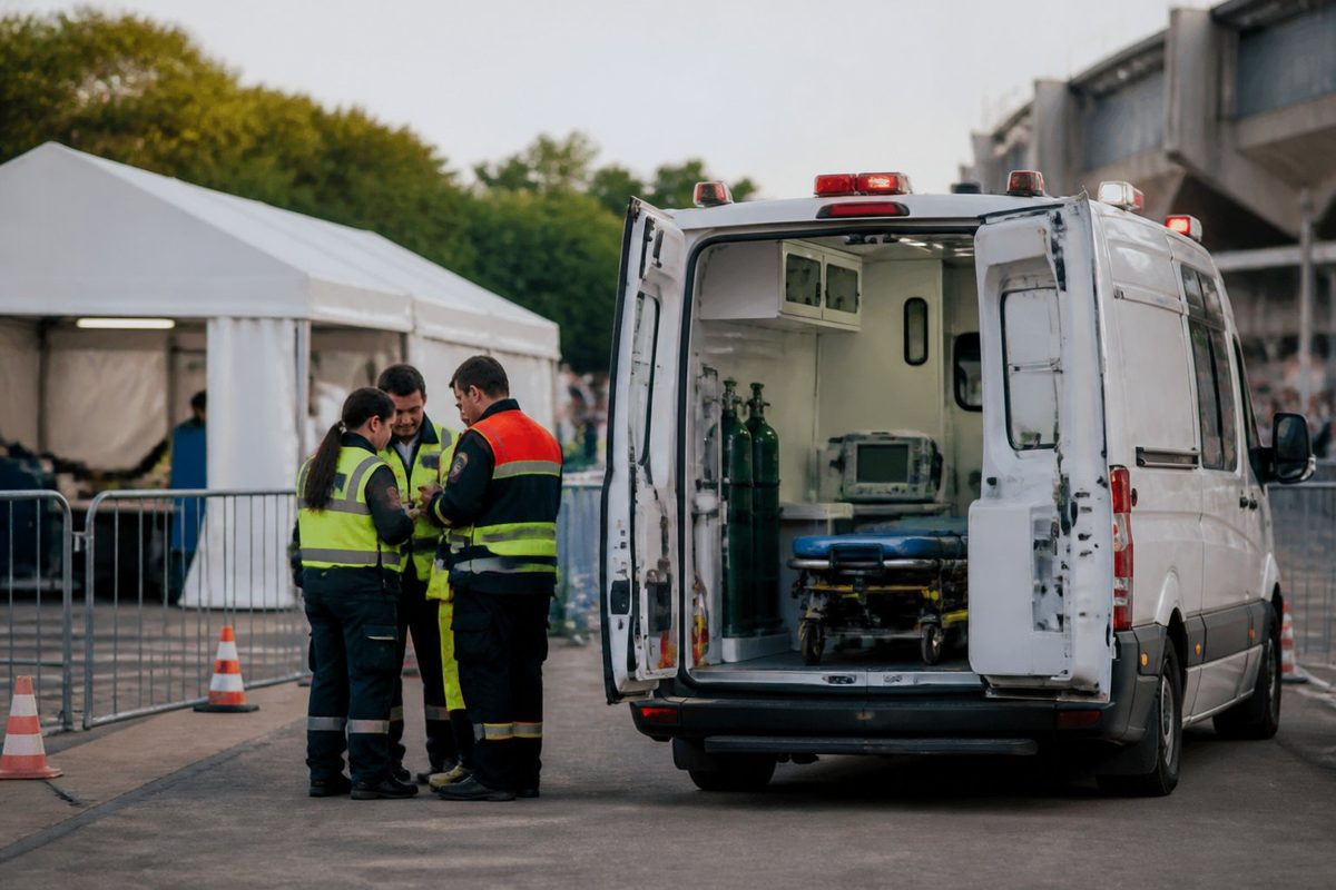 Ambulância de emergência com equipe médica e equipamentos preparados em uma área de atendimento durante um evento.