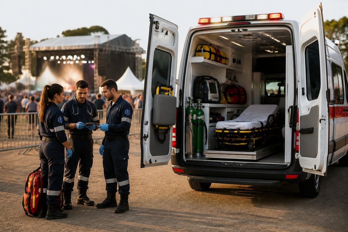 Ambulância de suporte avançado estacionada em um evento, com profissionais de emergência preparados ao lado.