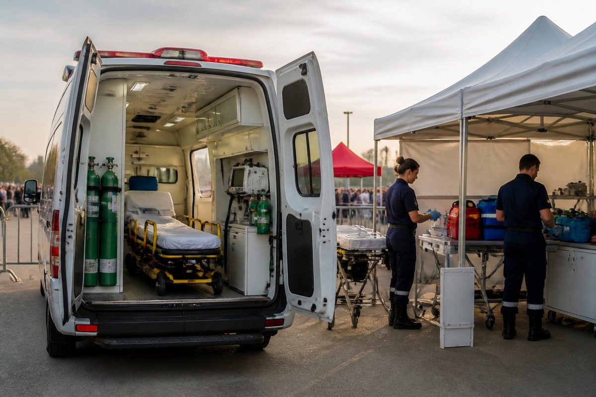Ambulância de suporte avançado estacionada junto a uma estrutura médica temporária em um evento.