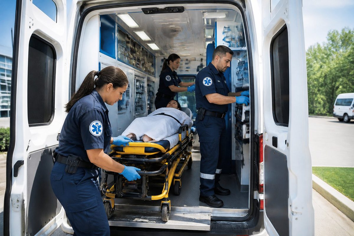 Equipe de paramédicos profissionais dentro de uma ambulância do tipo E, preparando equipamentos médicos.