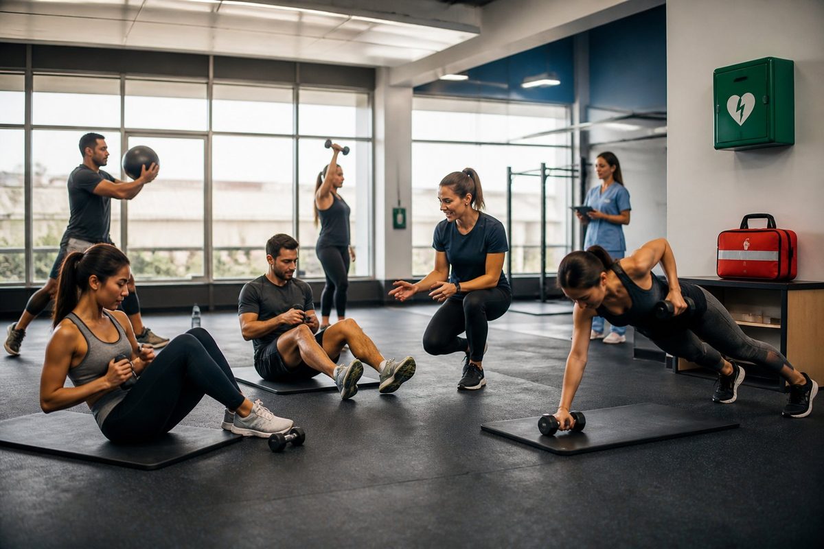 Pessoas treinam em uma academia moderna enquanto uma profissional de saúde acompanha a atividade em uma área organizada e protegida.