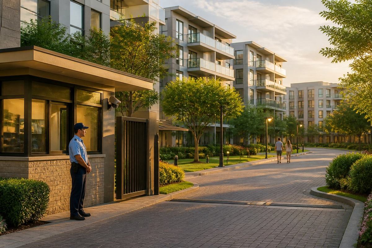 Condomínio residencial moderno com jardins, guarita e controle de acesso em uma área protegida.